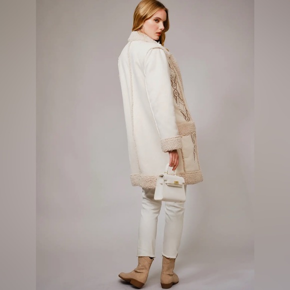 NEW blue b Cream Suede Sherpa Embroidered Western Stitch Long Warm Comfy Jacket - Picture 6 of 7
